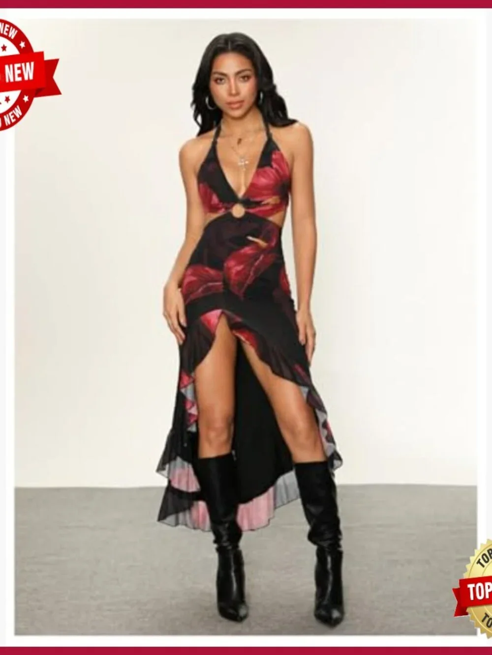Women's Halter Cut Out Dress Asymmetrical Hem High Slit Mesh Ruffle_6